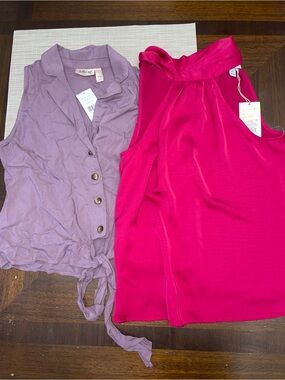 NEW Women’s XS Blouse Bundle Pink Satin Mock Neck + Lavender Tie Front Top